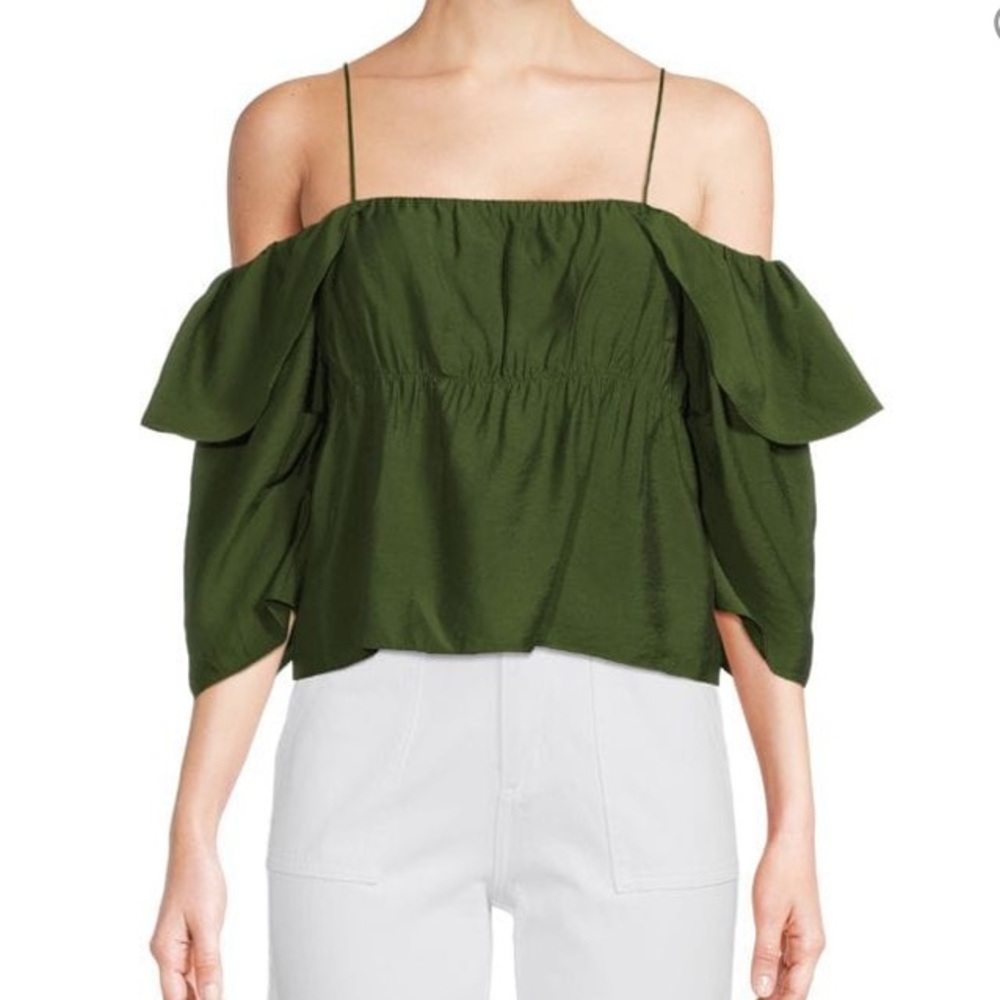 NEW Vince Panelled Shirred Top green cold shoulder blouse small